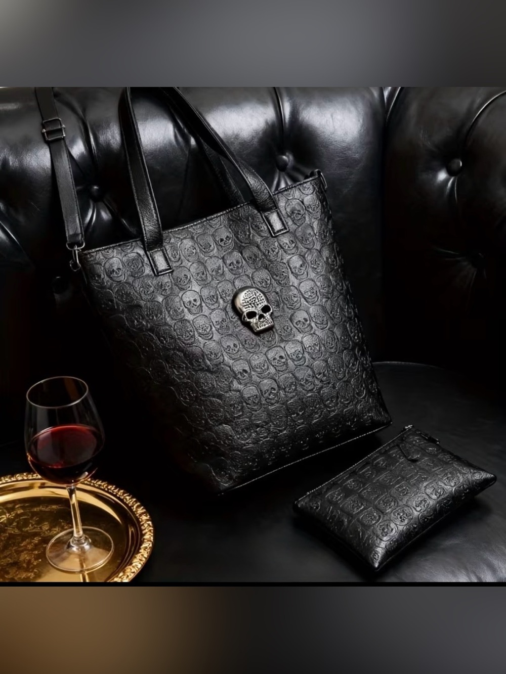 Black Embossed Skull Leather Tote with Metal Skull Accent